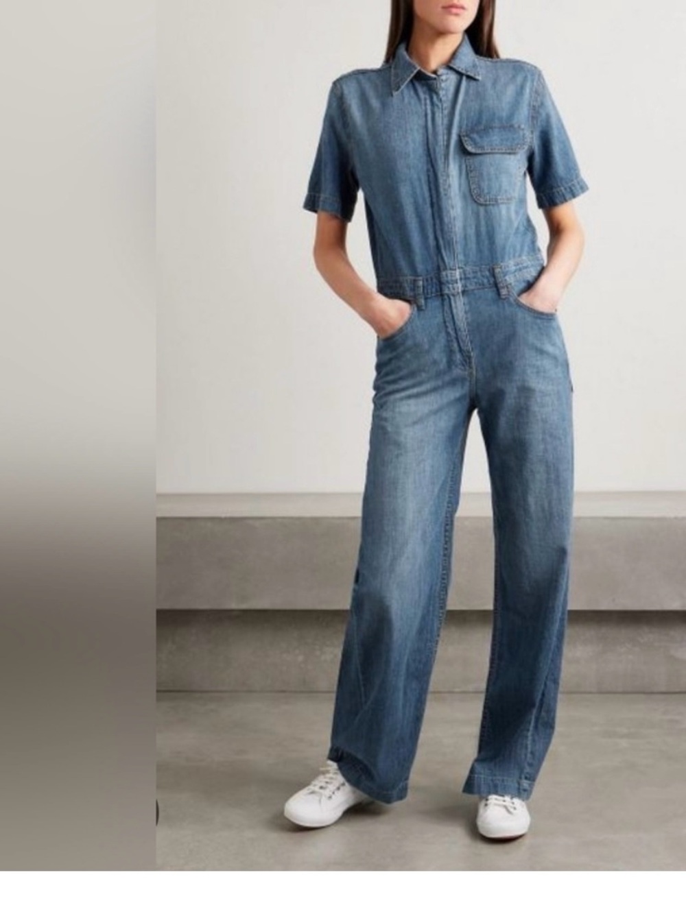 Rivet Utility Girlfriend Denim Short-Sleeve Jumpsuit in Medium Blue